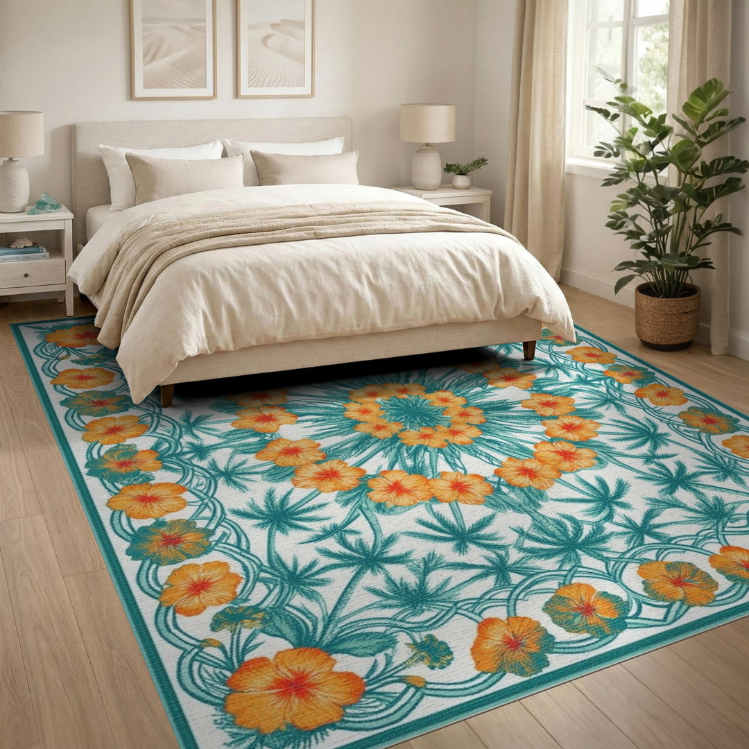 Teal Floral Palm Area Rug