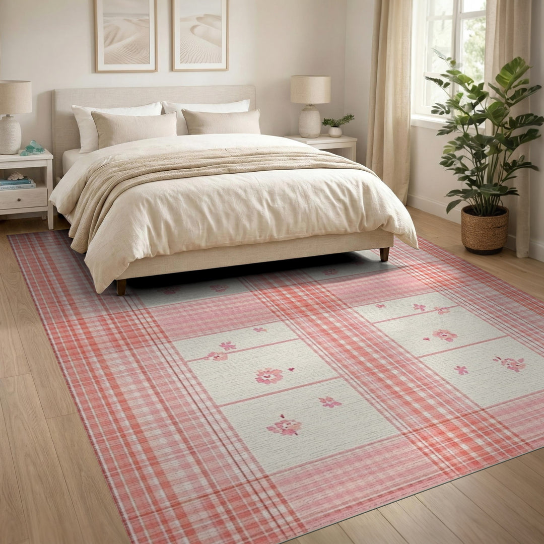 Pink Floral Gingham Area Rug