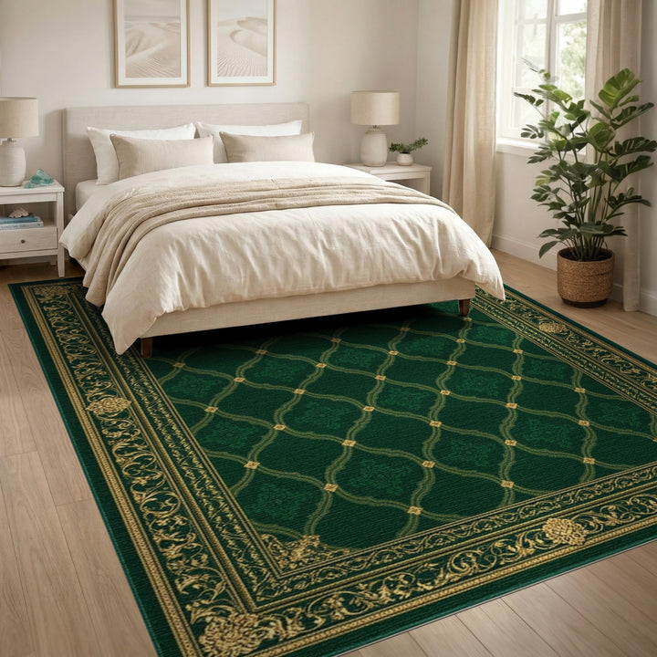 Elegant Dark Green Gold Lattice Persian Area Rug