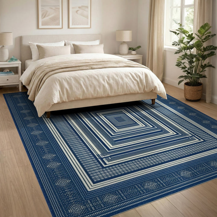 Blue and Teal Blue Concentric Geometric Area Rug