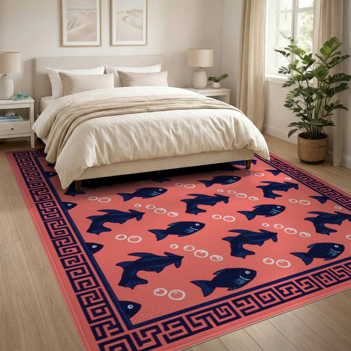 Coral Red Fish Area Rug with Navy Border
