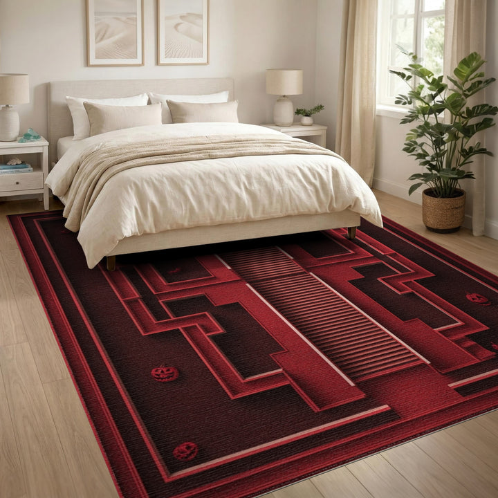 Red Geometric Maze Halloween Area Rug
