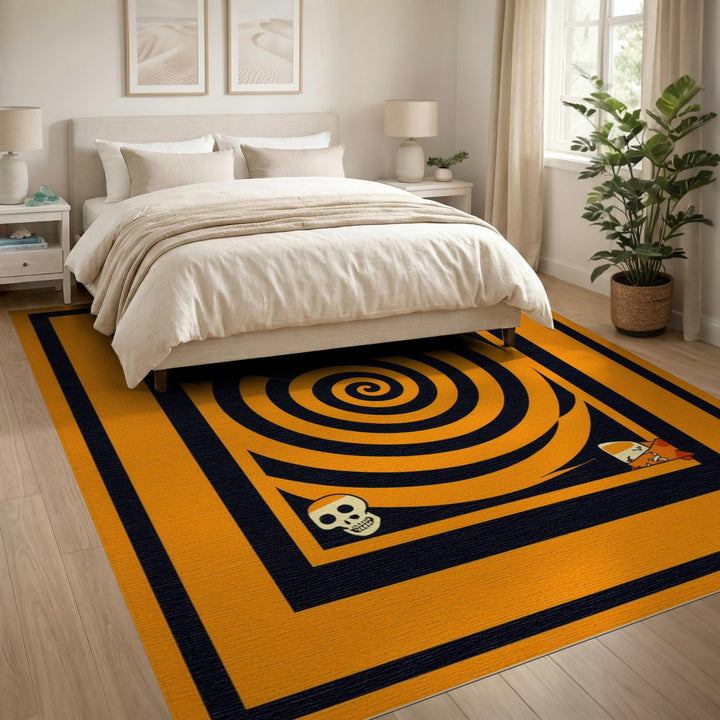 Orange Spiral Skull Washable Area Rug