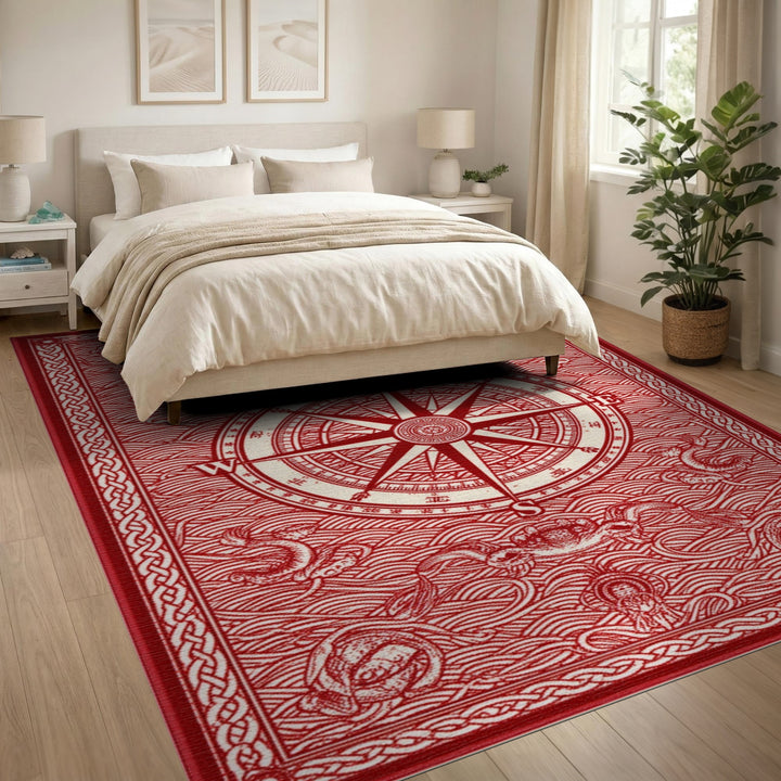 Red Nautical Compass Area Rug