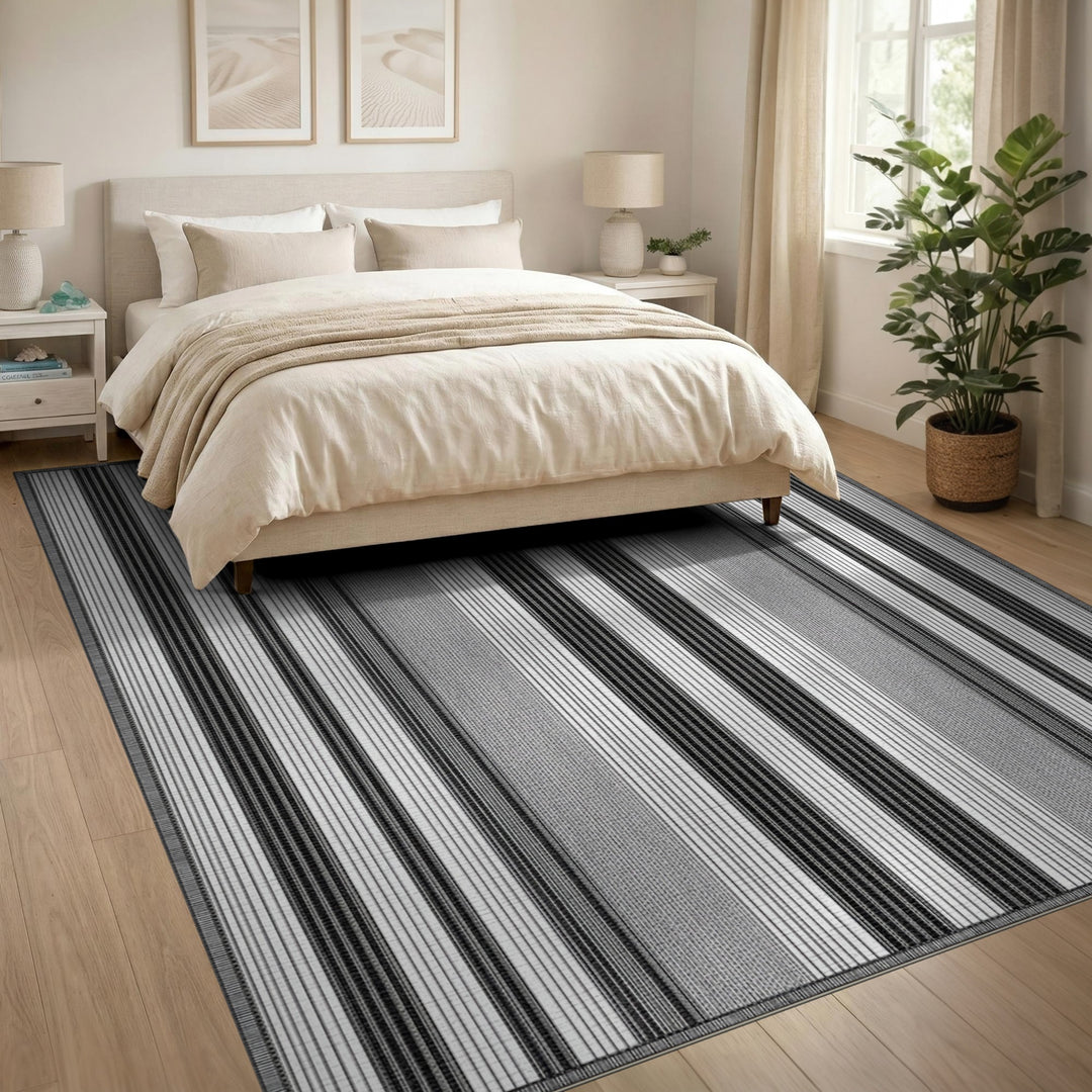 Black White Vertical Stripe Washable Area Rug
