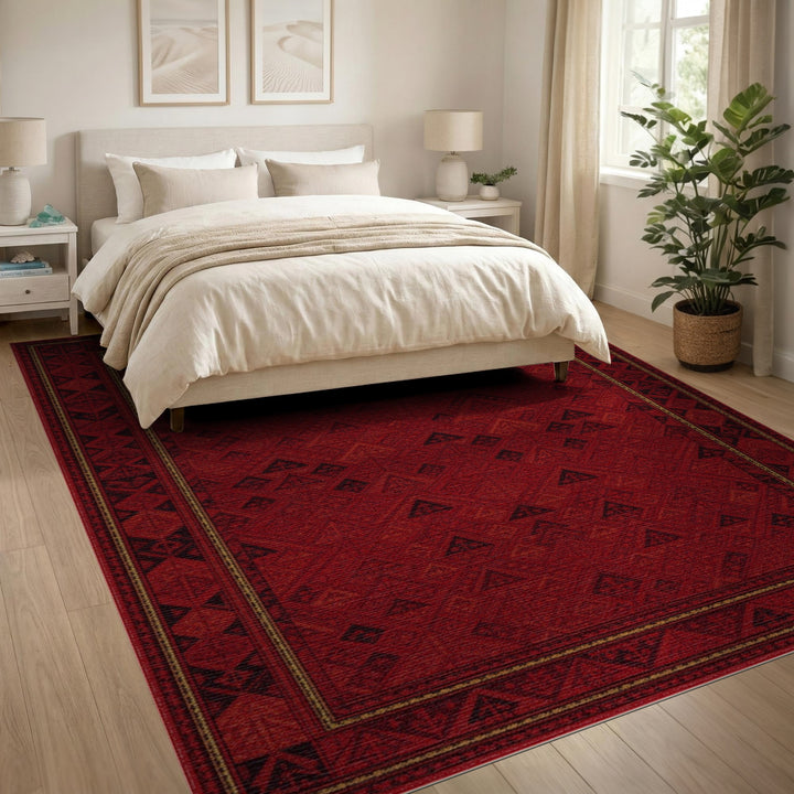 Deep Red Geometric Heritage Tribal Area Rug
