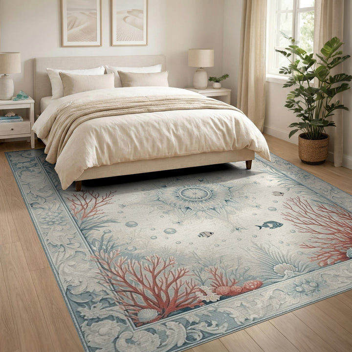 Blue and Teal Blue Teal Fish Coral Coastal Area Rug