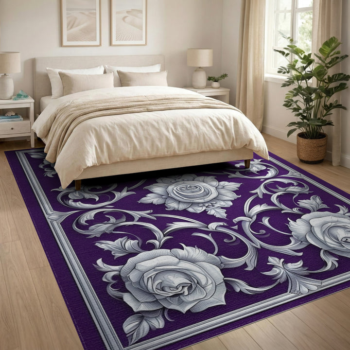 Purple Rose Scroll Floral Area Rug