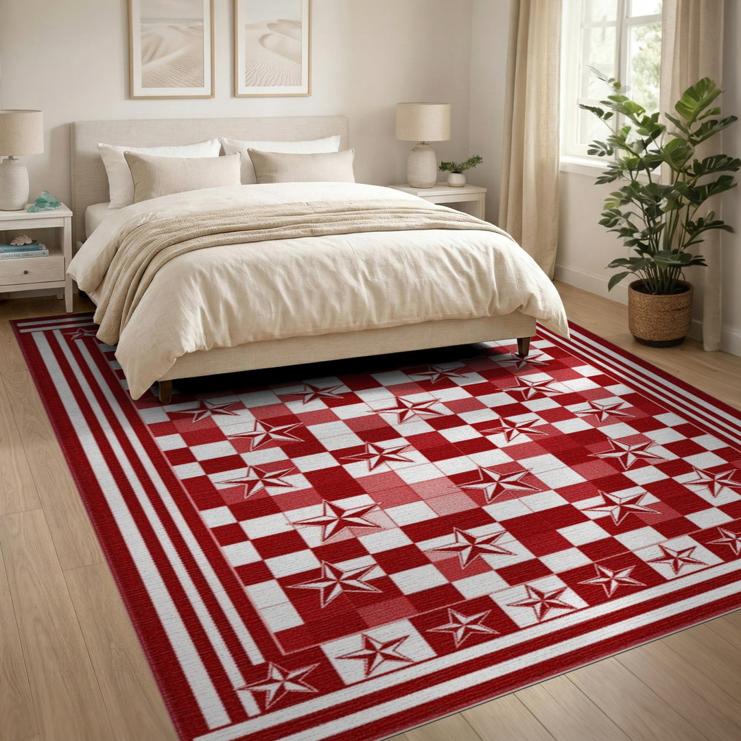 Red Checkered Star Washable Area Rug
