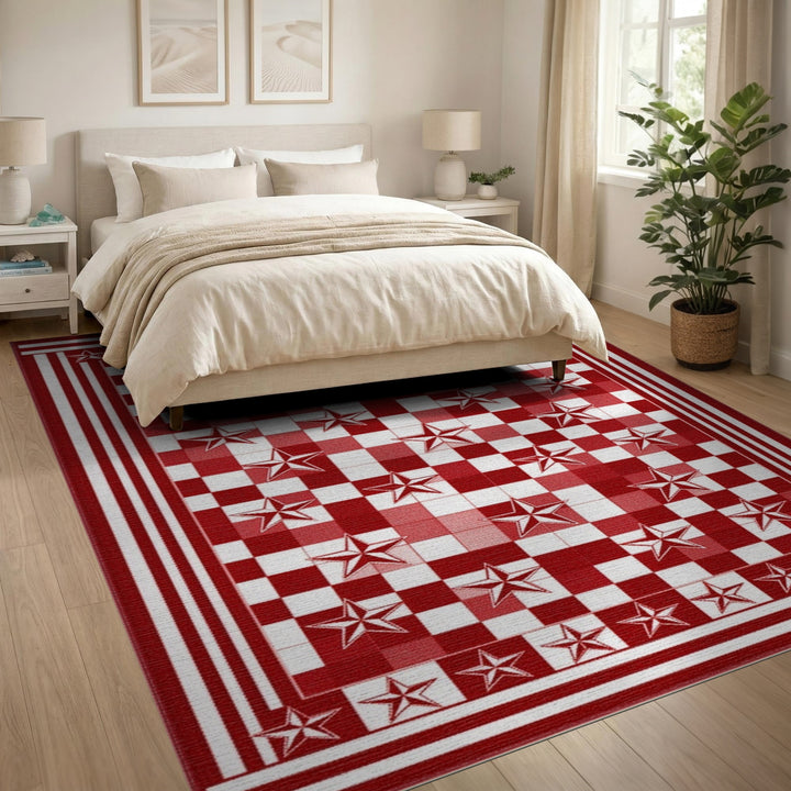 Red Checkered Star Washable Area Rug