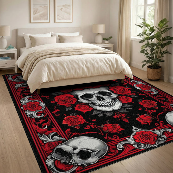 Red Rose Skull Floral Area Rug