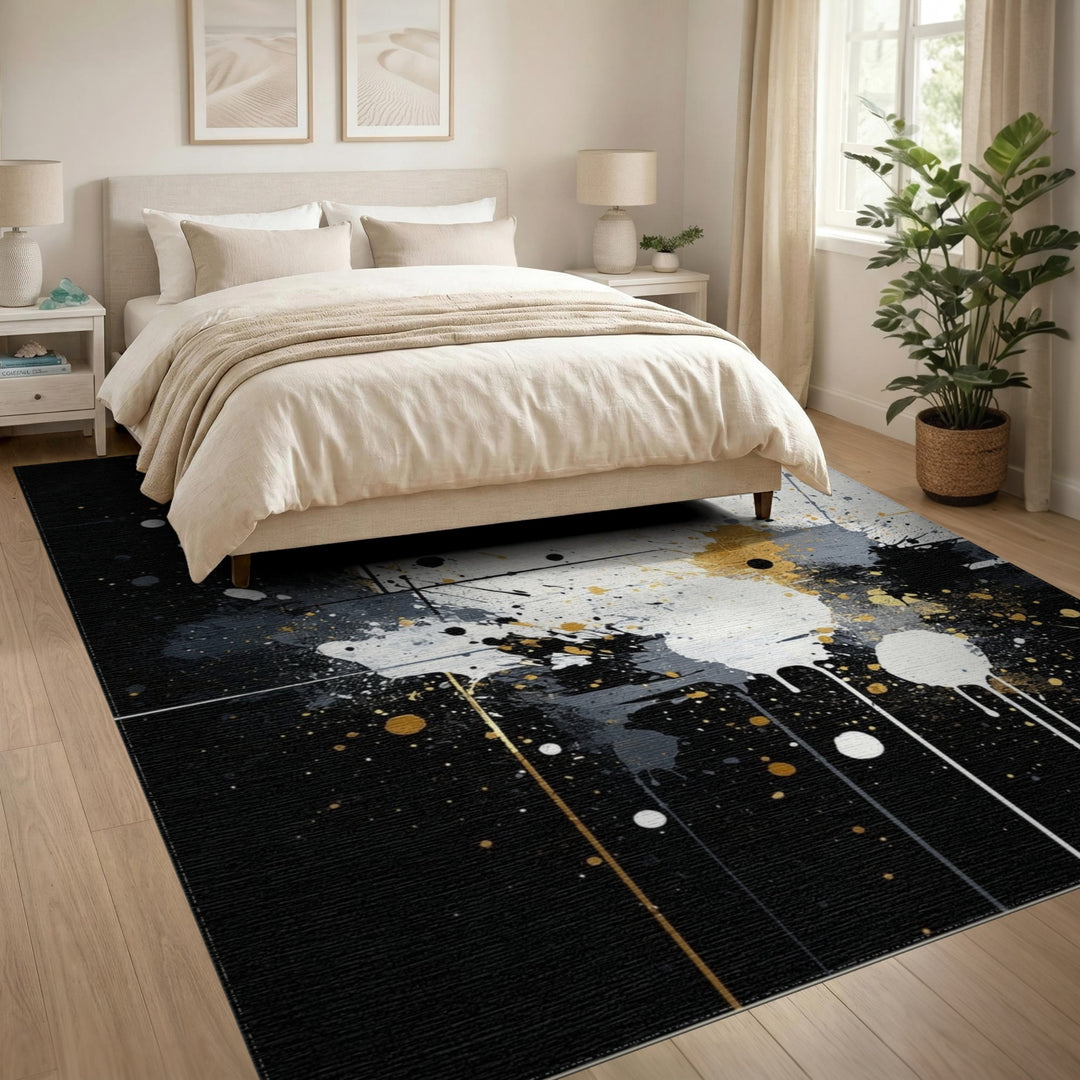 Black Gold Abstract Splatter Area Rug