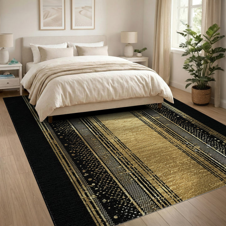 Gold and Silver Black Gold Geometric Striped Area Rug