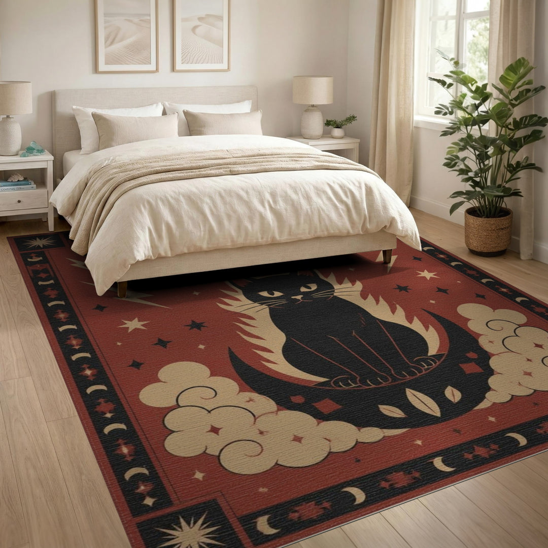 Red Mystical Black Cat Red Area Rug