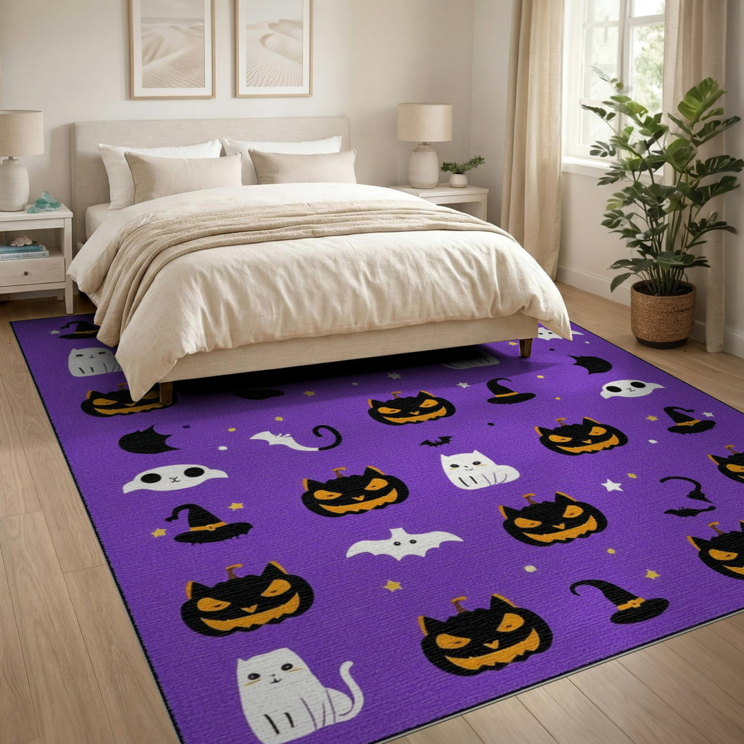 Purple Halloween Cats and Pumpkins Area Rug