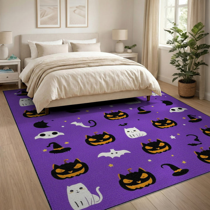 Purple Halloween Cats and Pumpkins Area Rug