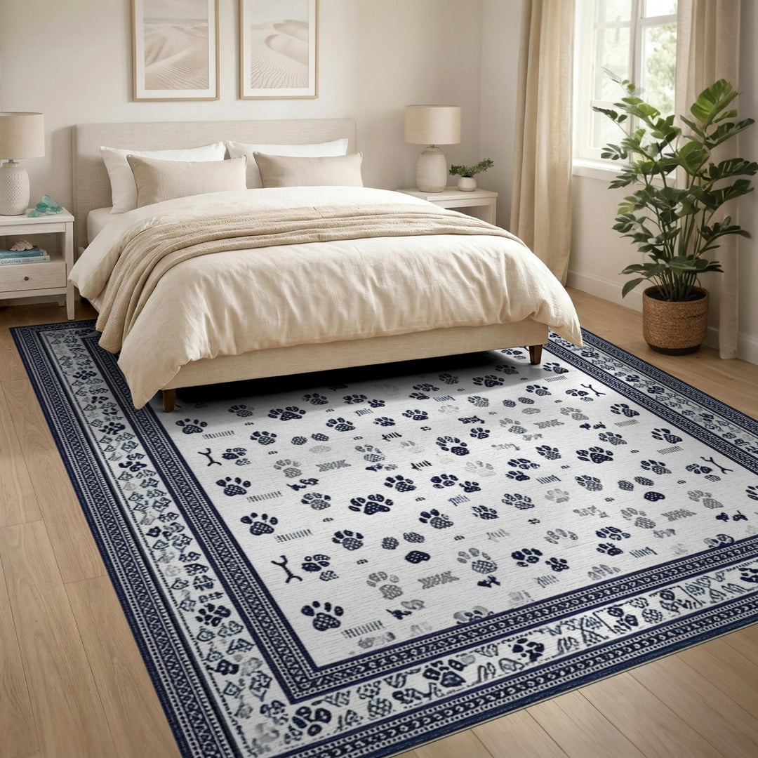 Blue Paw Print Washable Area Rug