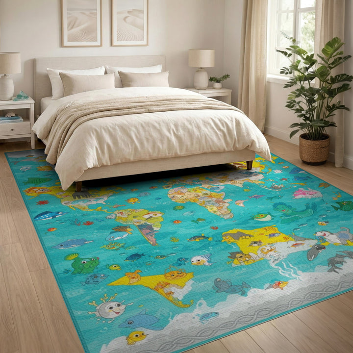 Kids Cartoon World Map Area Rug with Animals