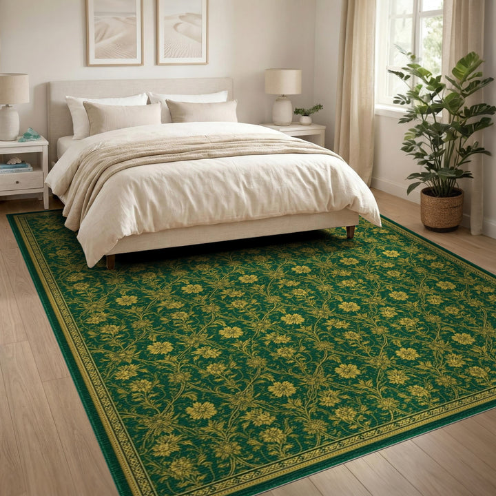 Green Gold Floral Vintage Green Area Rug