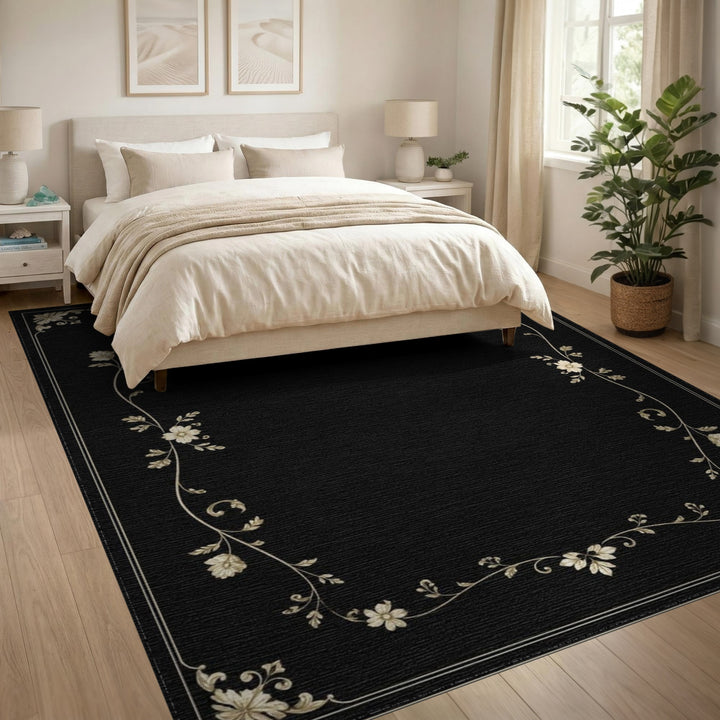 Black Floral Vintage Border Area Rug