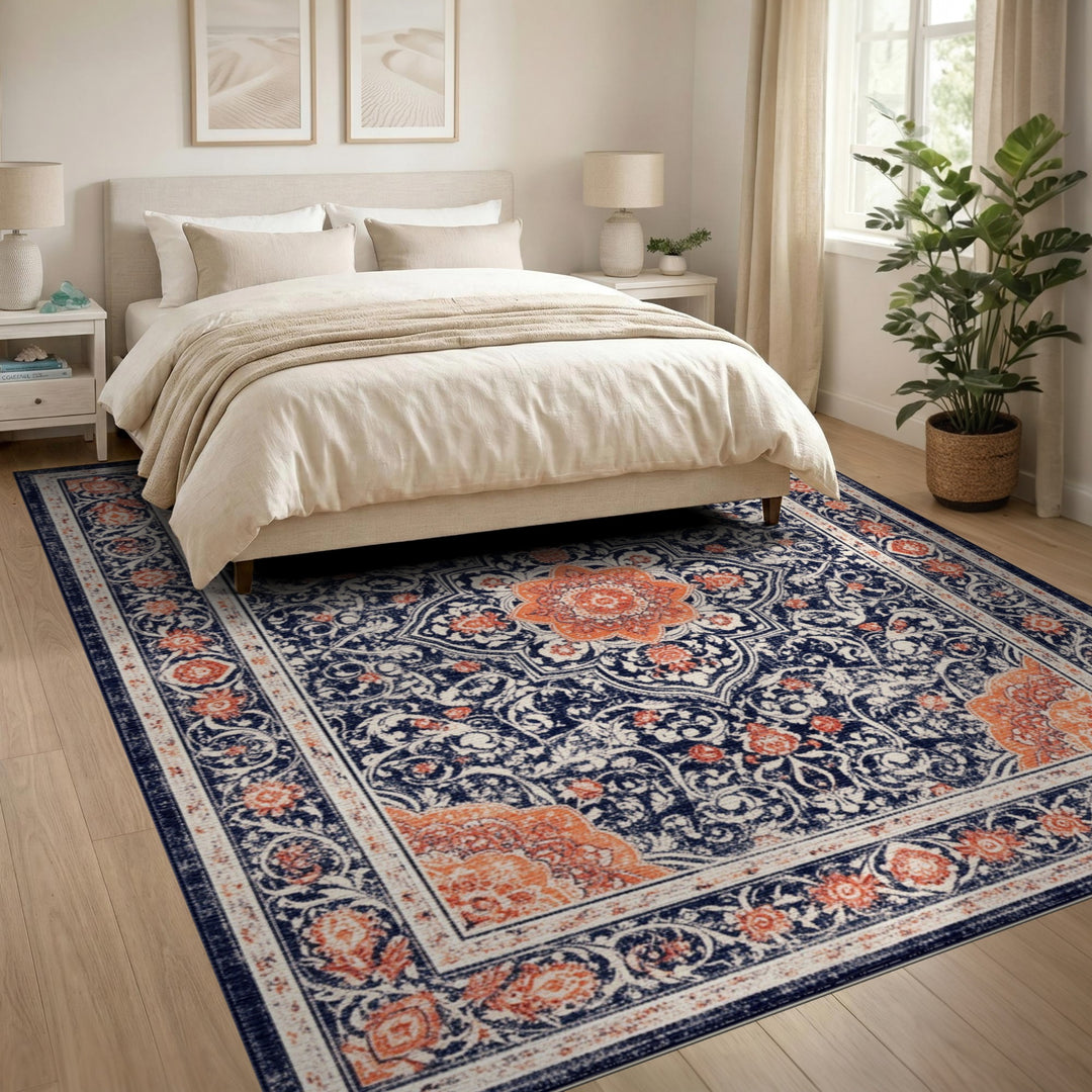 Traditional Persian Navy Blue Distressed Persian Area Rug