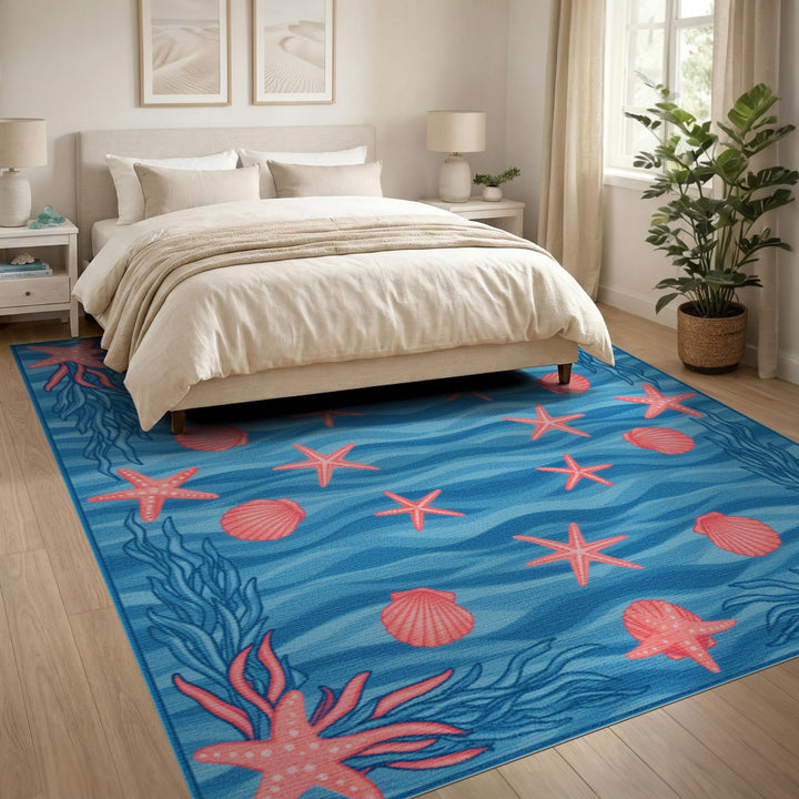 Blue Starfish Coastal Washable Area Rug