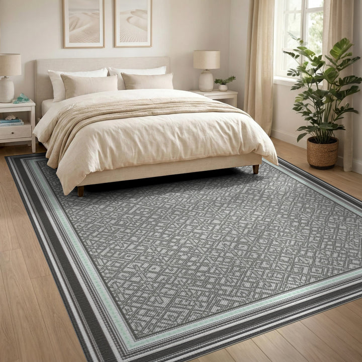 Grey Geometric Bordered Area Rug
