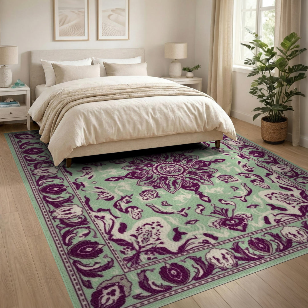 Mint Green Purple Persian Medallion Rug