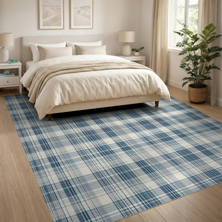 Geometric Modern Blue and Teal Blue Plaid Washable Area Rug