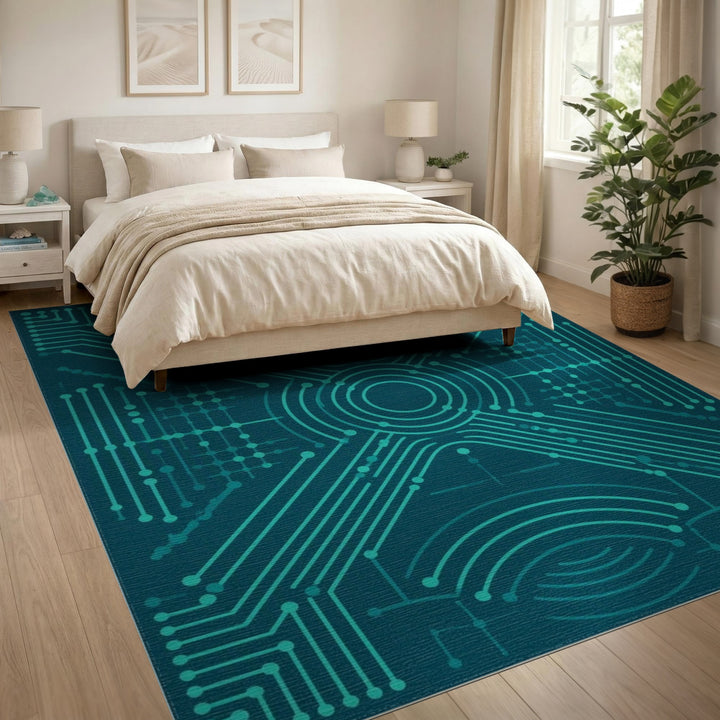 Blue and Teal Blue Teal Circuit Geometric Area Rug