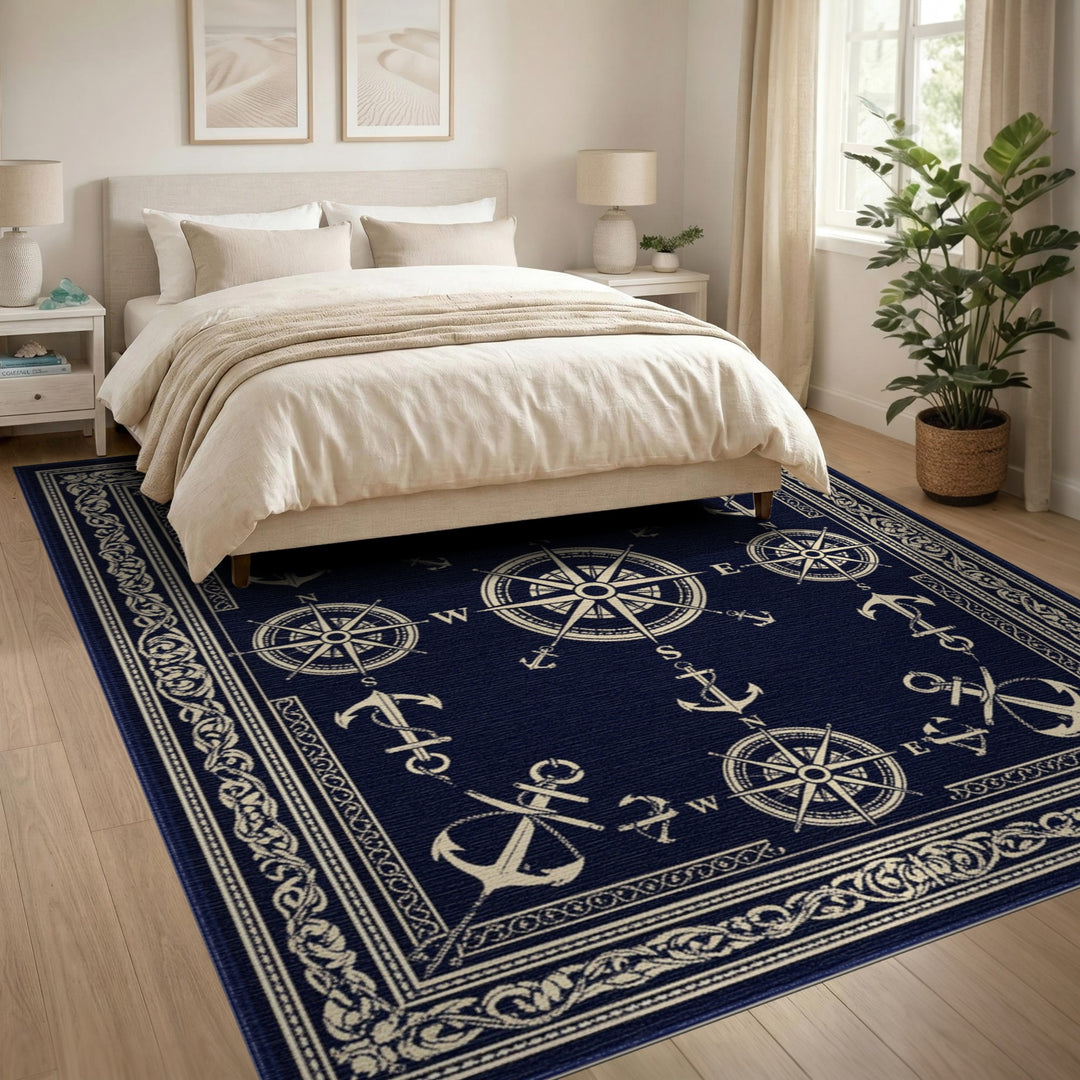 Navy Blue Nautical Anchor Compass Area Rug