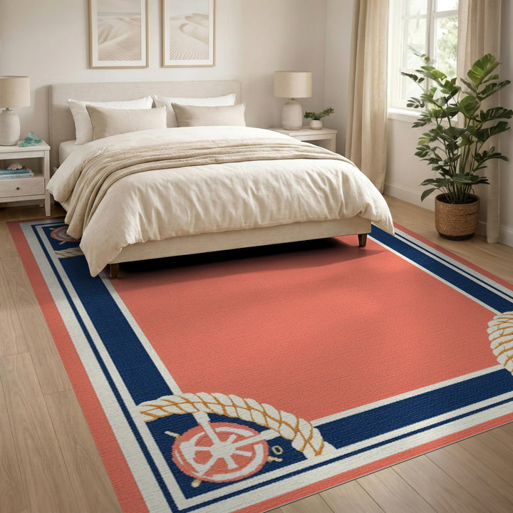Nautical Coral Ship Wheel Area Rug