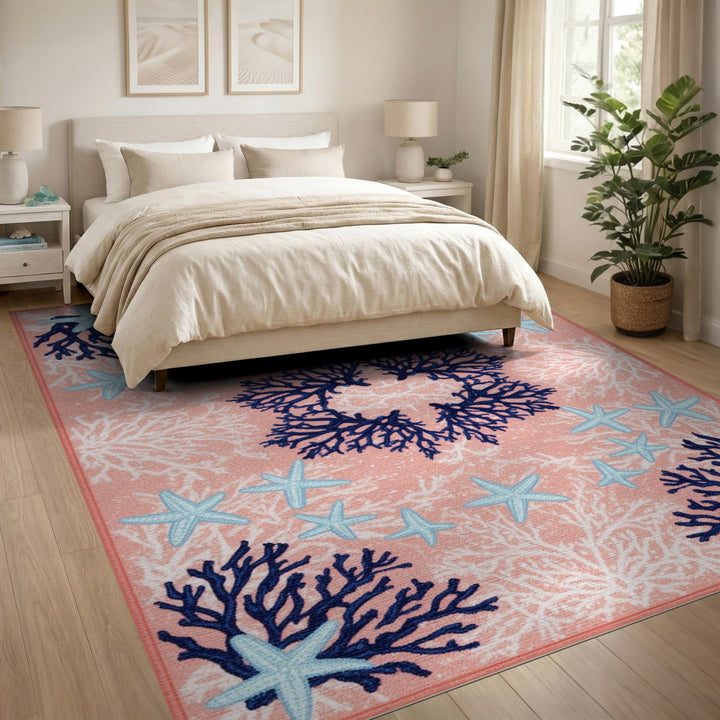 Pink Coral Starfish Coastal Area Rug