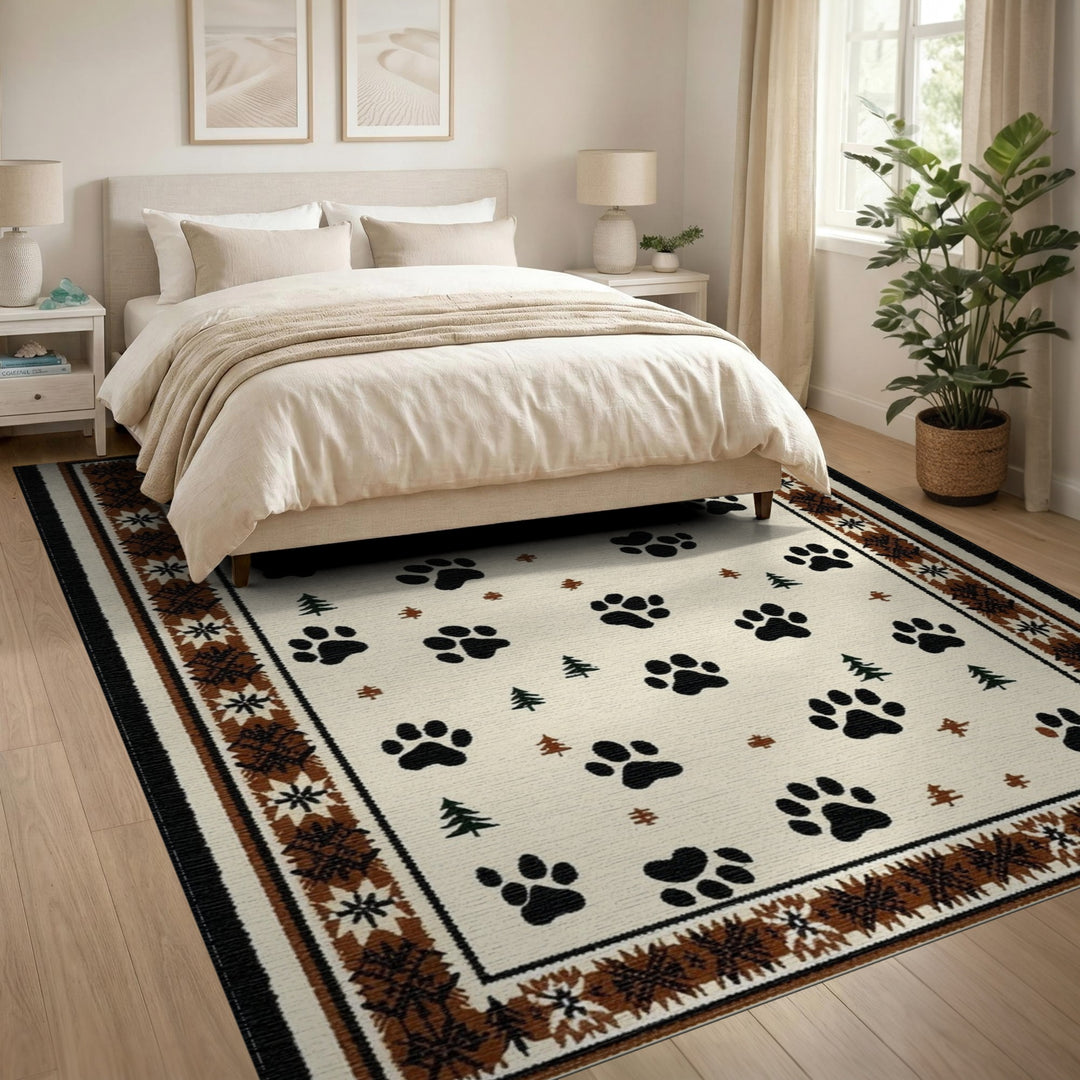 Rustic Paw Print Area Rug with Pine Trees