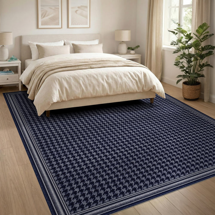 Navy Houndstooth Washable Area Rug