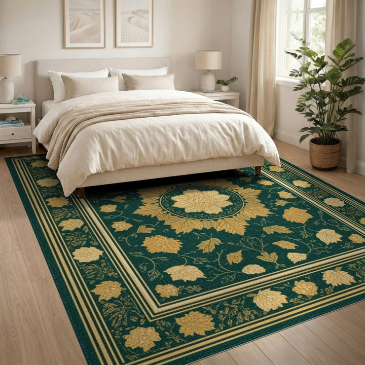 Green Floral Vintage Area Rug with Gold Medallion