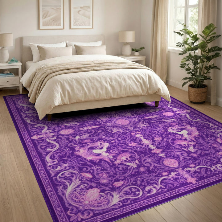Purple Floral Unicorn Washable Area Rug