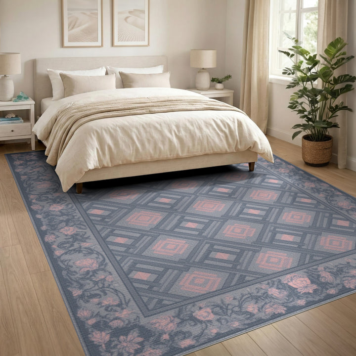 Blue Geometric Pink Floral Border Rug