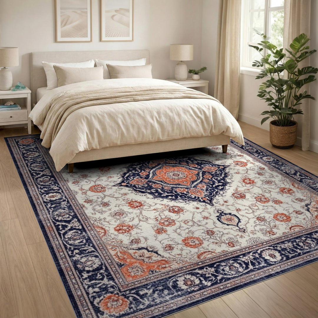 Navy Blue Floral Persian Area Rug