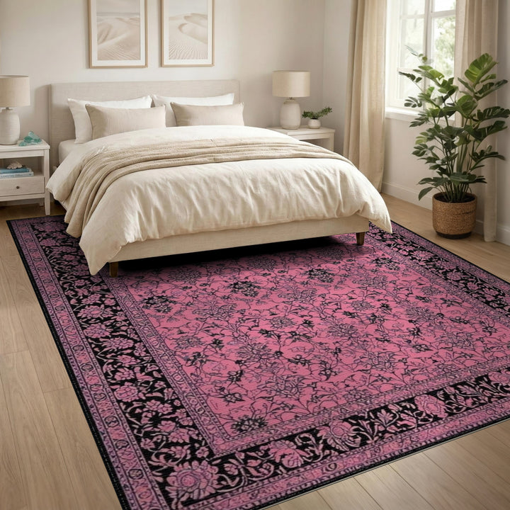 Pink and Black Floral Vintage Area Rug