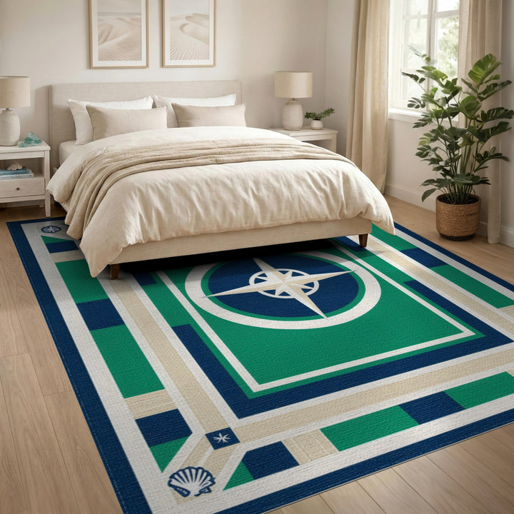 Nautical Compass Blue Green Washable Area Rug
