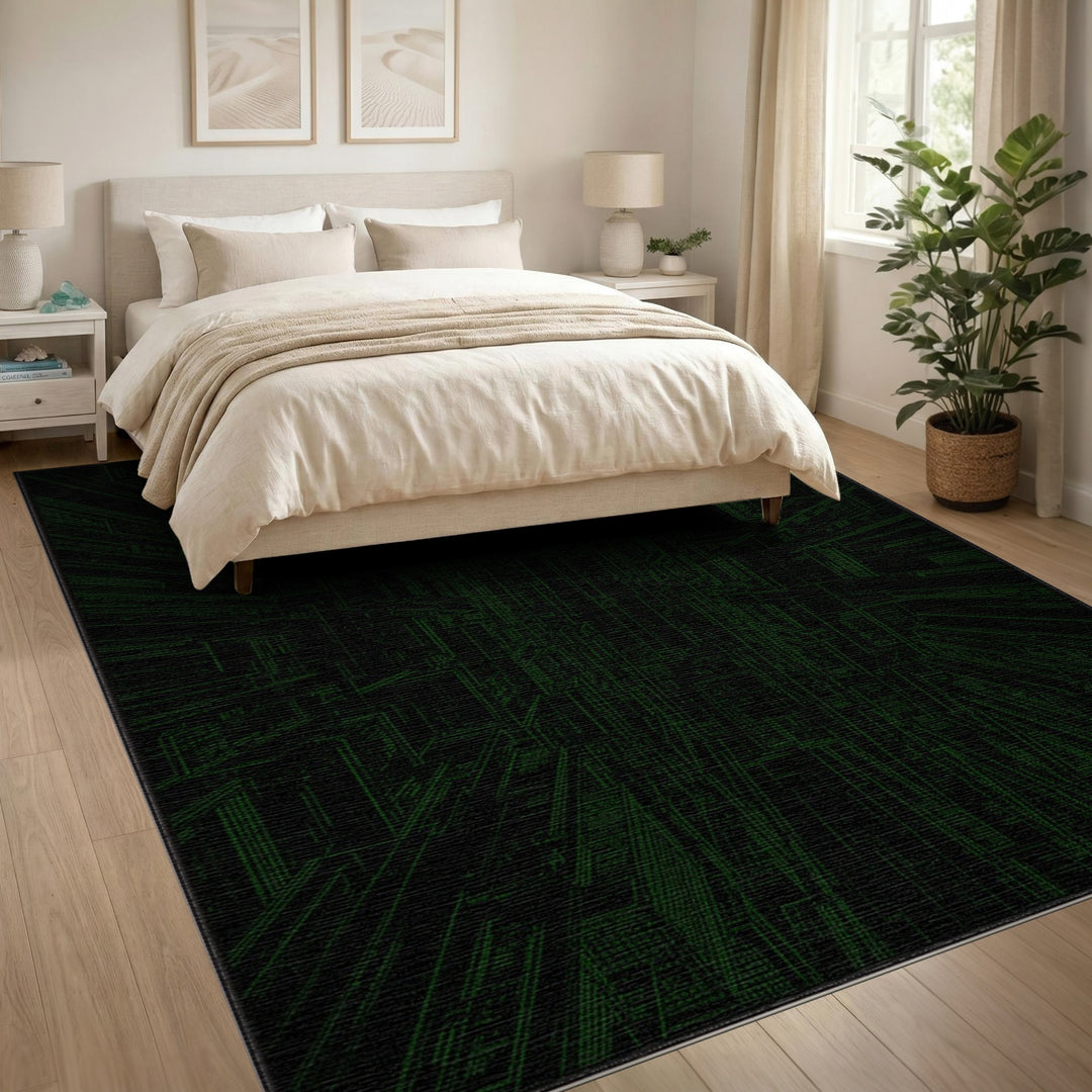 Green Geometric Cityscape Area Rug