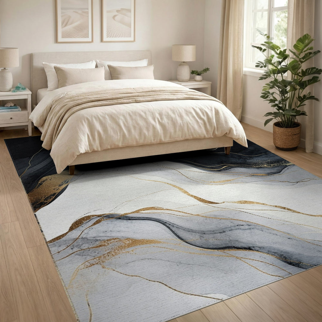 Black and White Black White Abstract Gold Wave Area Rug