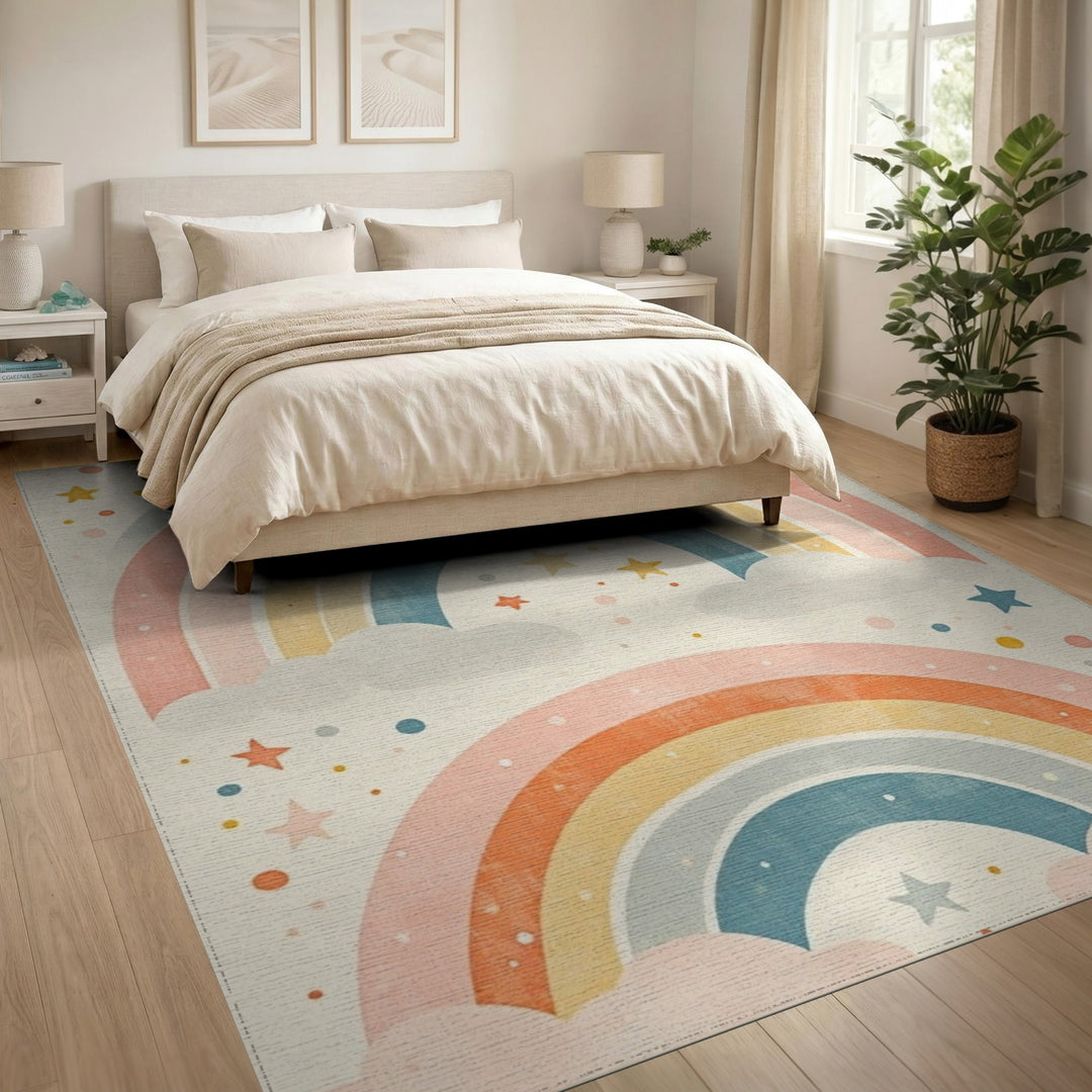 Pastel Rainbow Stars Kids Area Rug