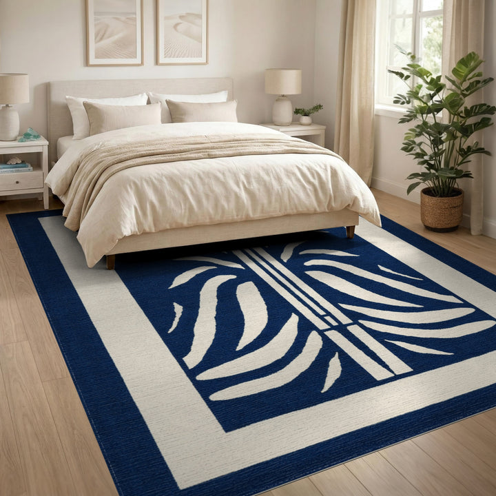 Navy Blue Geometric Leaf Area Rug