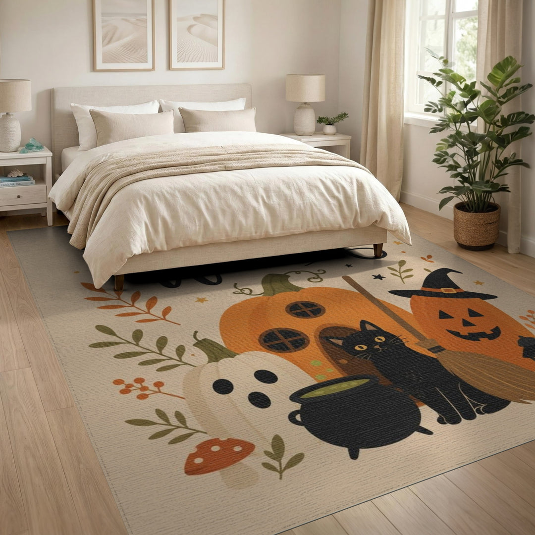 Halloween Welcome Pumpkin Cat Area Rug