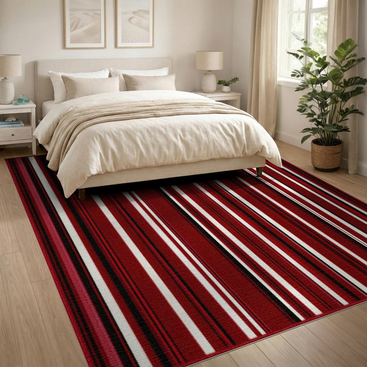 Bold Red Striped Washable Area Rug