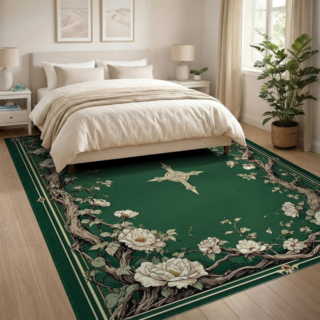 Green Floral Branch Vintage Area Rug
