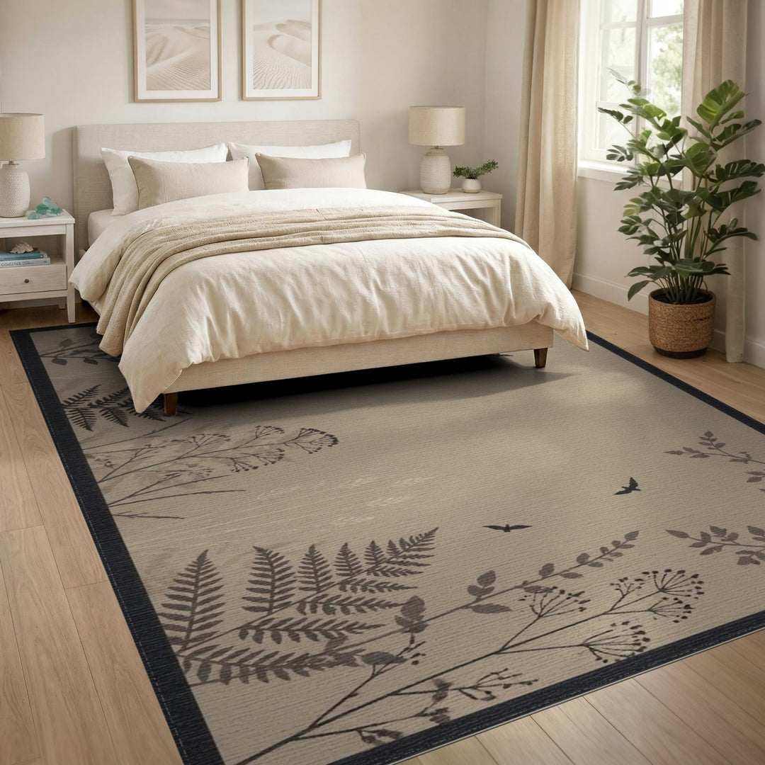 Boho Chic Beige Moon Birds Fern Area Rug