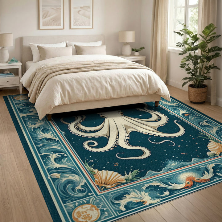 Blue Teal Octopus Coastal Area Rug